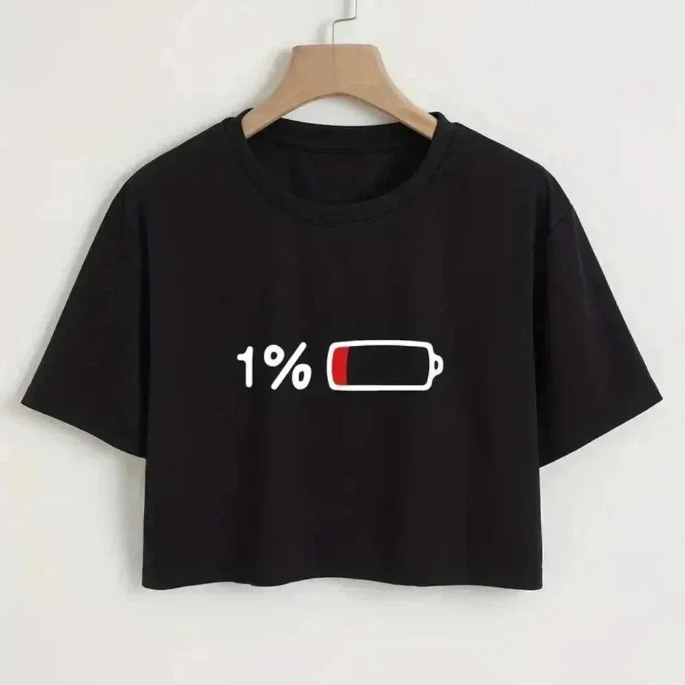 Crop Battery Print Crew Neck T-Shirt